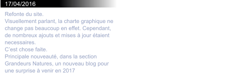 17/04/2016 Refonte du site. Visuellement parlant, la charte graphique ne change pas beaucoup en effet. Cependant, de nombreux ajouts et mises  jour taient necessaires. Cest chose faite. Principale nouveaut, dans la section Grandeurs Natures, un nouveau blog pour une surprise  venir en 2017