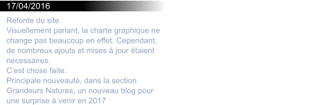 17/04/2016 Refonte du site. Visuellement parlant, la charte graphique ne change pas beaucoup en effet. Cependant, de nombreux ajouts et mises  jour taient necessaires. Cest chose faite. Principale nouveaut, dans la section Grandeurs Natures, un nouveau blog pour une surprise  venir en 2017